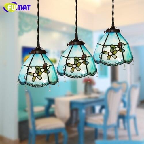 FUMAT Stained Glass Pendant Lamp Mediterranean Style Tiffany Brief Blue Orchid Glass Art Lamp Living Room Dining Room Lights