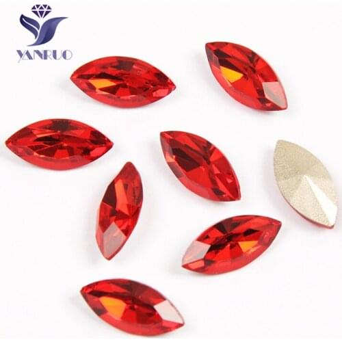 YANRUO 4200 Navette Siam Horse Eyes Red Rhinestones Sew On Crystal With Claws Point Back Strass For Sewing Needlework Clothes