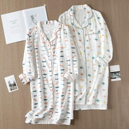 Spring/summer Women Night Gown Pure Cotton Gauze Long Sleeves Ladies Pajama Shirt Skirt Simple Loose Soft Comfy Home Sleep Skirt