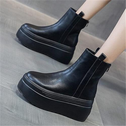Platform Creeper Shoes Womens Cow Leather Ankle Boots Chunky High Heel Oxfords Round Toe Military Punk Goth 34 35 36 37 38 39