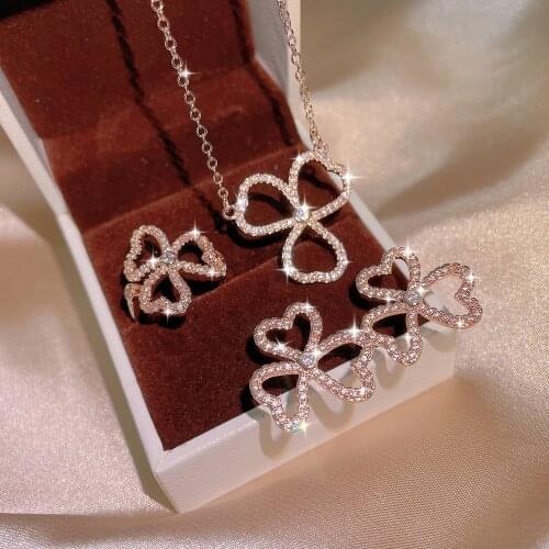 925 Silver Womens Set Clover Shape Earrings Necklace Ring Bride Jewelry Love Heart Shape Jewelry Womens Wedding Jewelry