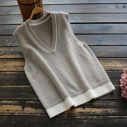 6667 New Autumn Women Contrast Color V-Neck Knitted Vest Sleeveless Sweater Female Loose Stripe Vest