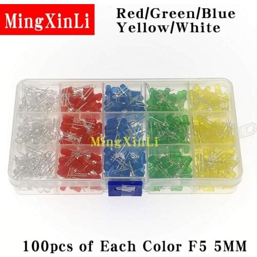 5x100pcs=500Pcs 5MM LED Diode Kit Mixed Color Red Green Yellow Blue White + BOX