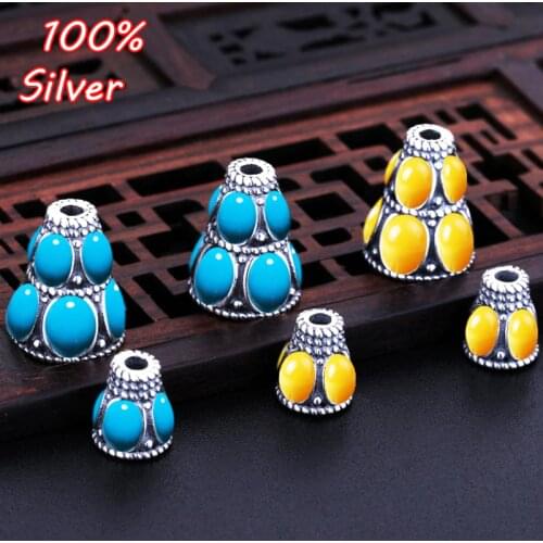 925 sterling silver Color retro accessories inlaid turquoise stupa empty support bracelets beads DIY accessories