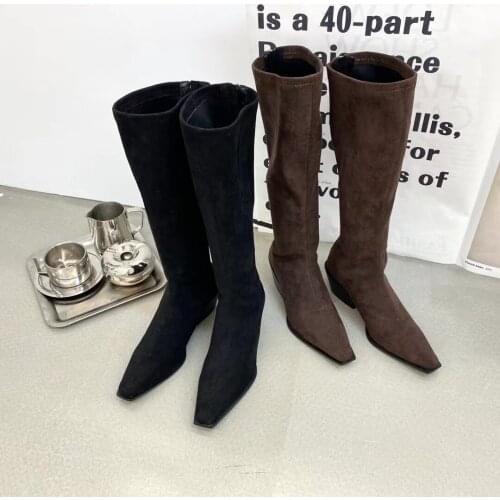 Fashion Women Sock Booties Slip On Stretch Booties Flock Black/Brown Small Square Toe Knee High Boots Winter Autumn Booties 39
