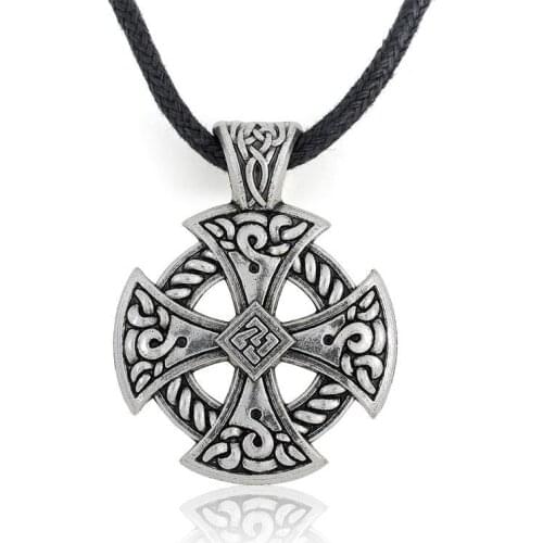 Teamer Cross Viking Shield Pendant Necklace Jewelry Tibetan Solar Cross Necklace Knot Christian Irish Druid Leather Chain