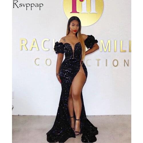 Long Prom Dresses 2021 Sexy High Slit Off The Shoulder Sparkly Sequin African Black Girls Prom Gala Gowns