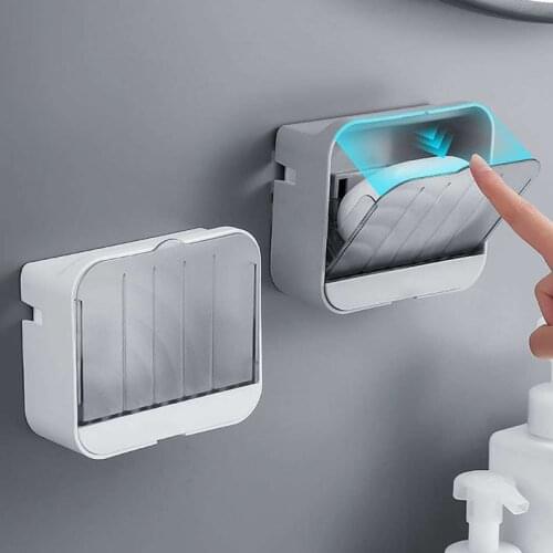 GURET Punch Free Soap Dish With Drain For Bathroom Dust-proof Storage Box Plastic Soap Holder with Lid Home Bathroom Accessories