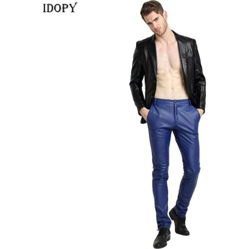 Idopy Skinny Faux Leather Pants For Men Slim Joggers Party Night Club Costume PU Motorcycle Biker Tights Trousers