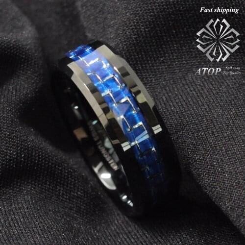 8mm Black Tungsten Ring with Blue silver Carbon Fiber Wedding Band Mens jewelry Free Shipping