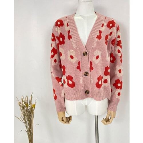 2021 Fall/ Winter Collection Women Clothing Crop Sweater Floral Pattern Button Front Drop Shoulder Cardigan