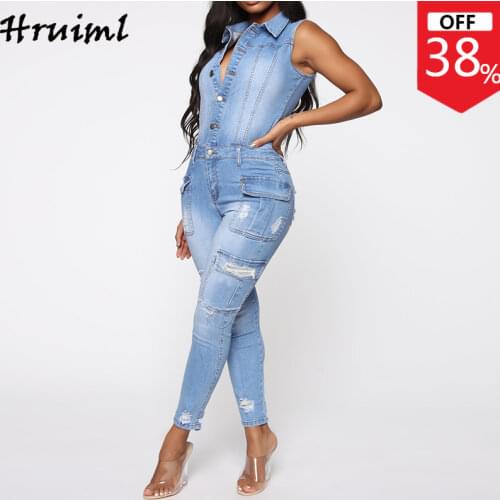 Rompers Playsuits Sleeveless Hole Decorated Button Pockets Jumpsuits Denim Streetwear Casual Plus Size Elegant Woman Jumpsuits