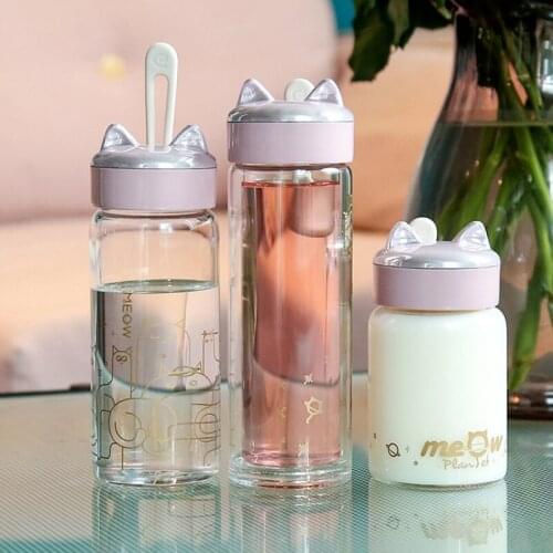 Mini Womens Glass Insulated Water Cup Lovely Cat Ear School Water Bottle Korean Portable Rope Pocket Language Creative Gift Pot