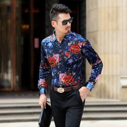 Mens Gold Velvet Shirts Autumn Male Floral Printed Velvet Shirts Long Sleeve Casual Printing Dress Shirts