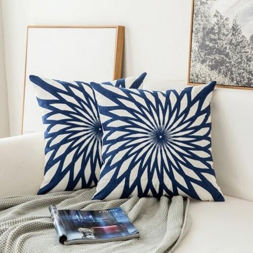 Throw Pillows Navy Blue Pillowcase Cotton Canvas Embroidered Geometric Wool Embroidered Sofa Pillowcase Bedroom Cushion 45*45cm