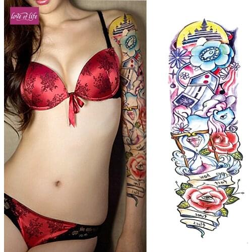 New 1 Piece Temporary Tattoo Sticker Color hourglass Full Flower Tattoo with Arm Body Art Big Large Fake Tattoo Sticker