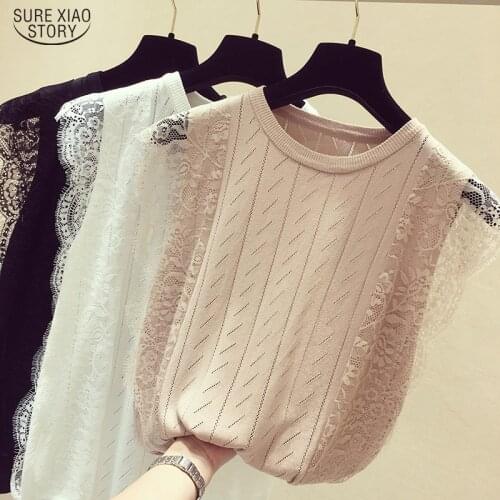 Solid Hollow Out Clothes 2021 Korean Summer Women Mesh Shirt Sleeveless O-Neck Lace Knitted Patchwork Tops Chic Blusas 8795 50