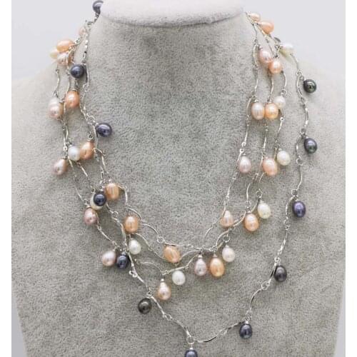 Freshwater pearl white/pink/purple/black rice chain necklace 6-8mm 18inch FPPJ wholesale beads nature