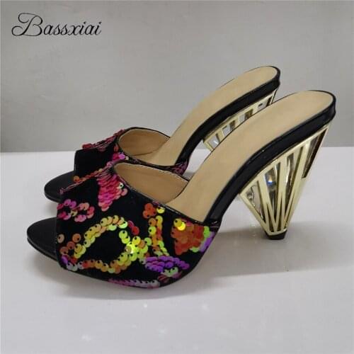 Iridescent Sequins High Heel Sandals For Girls Women Fretwork Spike Heel Bling Mixed Sequined Cloth Slingbacks Party Shoes