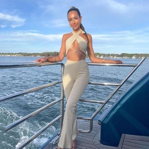 Sexy Solid Knitted 2 Piece Sets Womens Outfits Halter Neck Bandage Crop Top And Long Slim Pant Suit Casual Fit Tracksuit