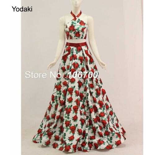 Real Photos Two Pieces Printed Prom Dresses 2018 Halter Open Back Sheer Illusion Ball Gown Party Evening Gowns978