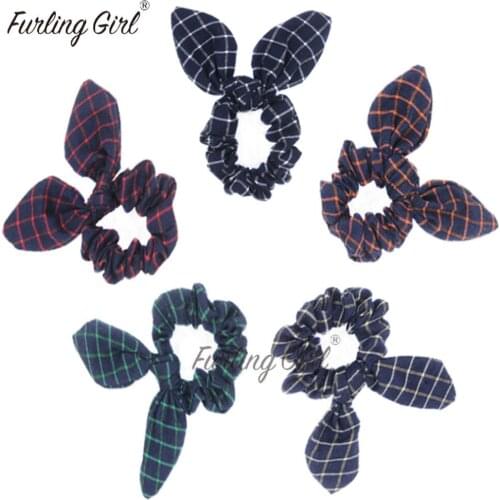 Furling Girl 1PC Quality Korean Plaid Design Bunny Ears Hair Scrunchies Cotton Fabric Bow Elastic Hair Bands Hair Accessories