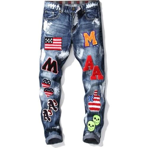 SEVEYFAN 2021 Mens Punk Skull Embroidery Painted Jeans Fashion Washed Straight fit Denim Pants for Male