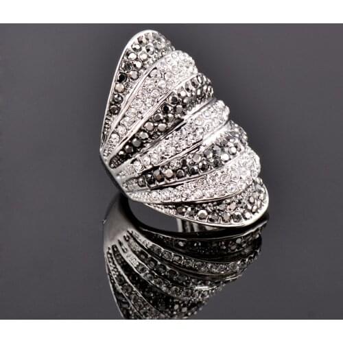 KIOOZOL Vintage Luxury Black Silver Color Mezzanine Crystal Ring Women Large Cocktail Ring Jewelry Accessories180 KO4