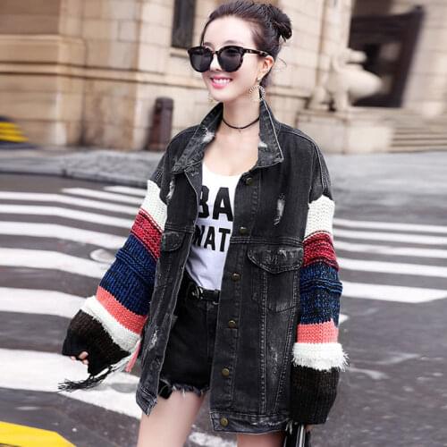 Denim Jacket Womens 2021 Spring New Loose Black Stitching Casual Denim Knitted Bat Sleeve Jacket Womens Fashion