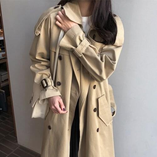 2021 New Spring Autumn Long Women Trench Coat Double Breasted Belted Lady Outerwear Fashion Khaki Loose Windbreaker