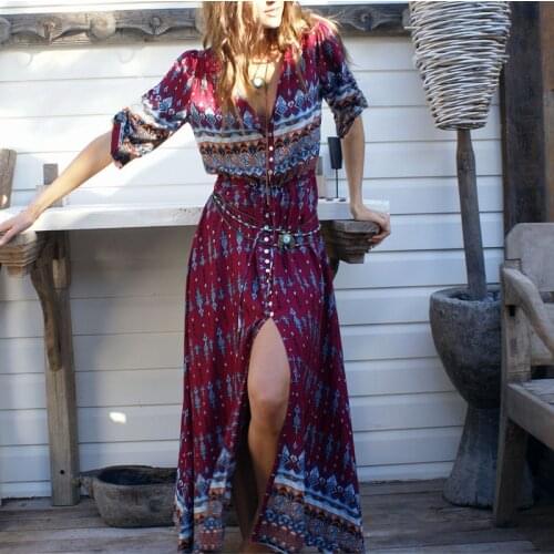 Women Bohemia V-neck Long Maxi Dresses Three Quarter Sleeve Floral Print Ethnic Summer Beach Female Split Stylish Style Dress