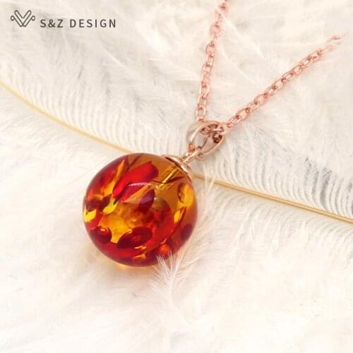 S&Z DESIGN Fashion Round Synthesis Ambers Pendant Necklace 585 Rose Gold For Women Temperament Elegant Wedding Fine Jewelry