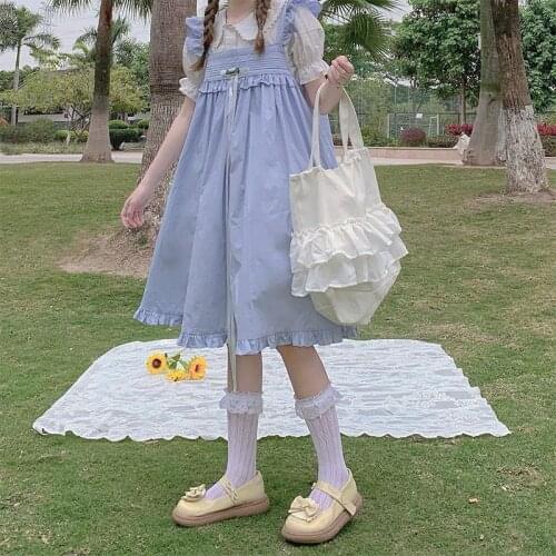 Womens Summer Dress Female Student Dress Japanese Cute Little Flying Sleeves Short Sleeveless A-LINE Knee-Length Dresses Women