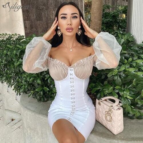 Ailigou Ladies Summer Fashion Elegant White Lantern Sleeve Sexy Tight Bandage Dress 2021 New Mesh Stitching Strapless Mini Dress