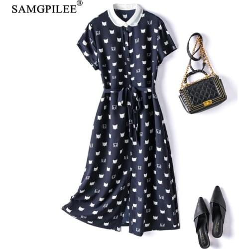 Summer Dress 2021 New Sweet C At Cartoon Figure Over The Knee Single Breasted Lapel Short Sleeve Chiffon Women Dresses Plus Size
