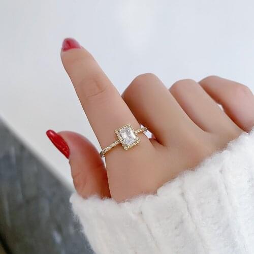 2021 New Arrival 14K Real Plated Simple Square Geometric Adjustable Rings For Women Zircon Wedding Rings