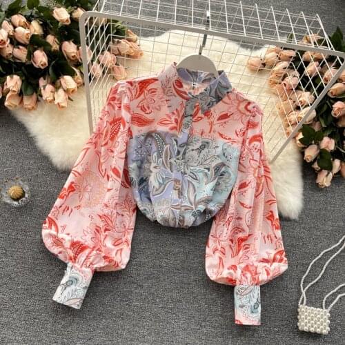2021 Summer New Printed Lantern Sleeve Contrasting Color Stitching Temperament POLO Collar Ladies Shirt
