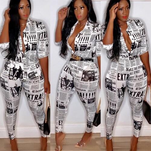 2021 Womens Long Sleeve Newspaper Printed Shirt Set