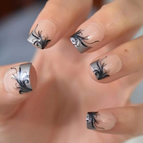 Natural Short Fake Nail Designed Flower Salon Square False Nail Wearable Manicure Decorative Tool 24pcs