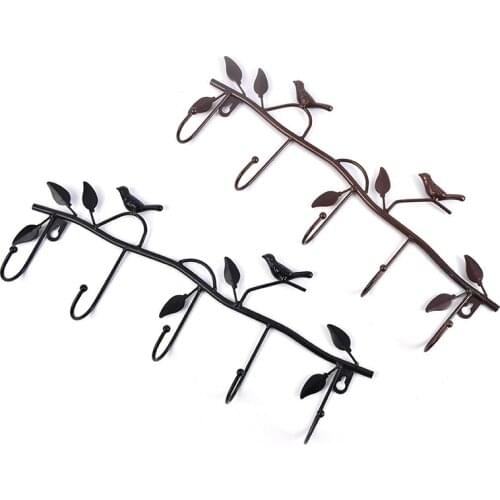 Retro 5 Hooks Wrought Iron Bird Shape Hook Leaf Wall Robe Hanger Key Coat Holder 18*47CM