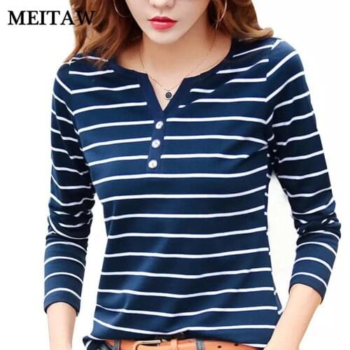 5XL Autumn Cotton White T-Shirt 2020 Casual V-Neck Long Sleeve Tops Plus Size Women Slim Stripe Print Tee Shirt