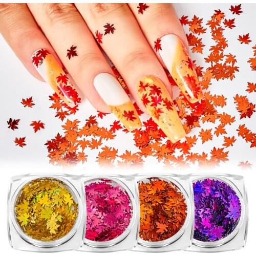 1 Box Holographic Maple Leaf Nail Glitter Sequins Sparkly Yellow Red Flakes For Gel Nail Polish Manicure Nails Art Decoration