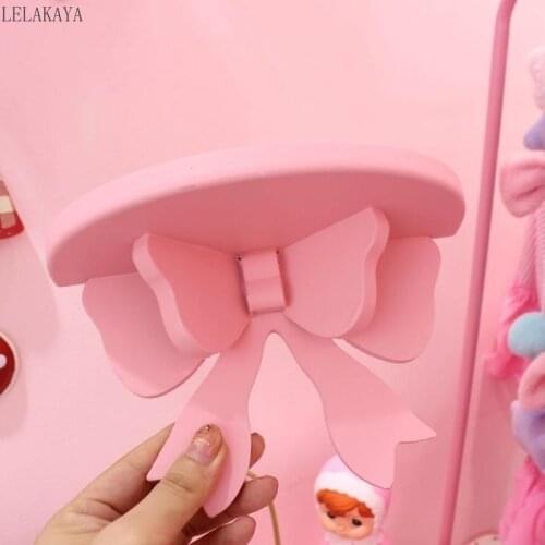 Girls Kawaii Wooden Shelf Pink Bow Printed Cosmetic Storage Racks Kids Girly heart Room Decor Organizer Lovely Figure Holders
