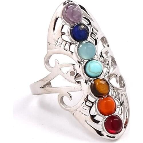 Chakra Stone Beaded Crystal Finger Rings Reiki Healing Balance Rainbow Stone Point Charm Flower Adjustable Ring Women Meditation