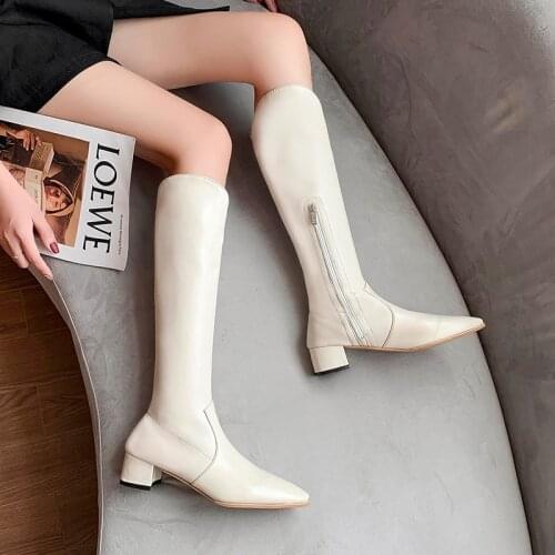 Nice equestrian boots natural leather streetwear pointed toe thick high heel zipper elegant lady knee-high boots