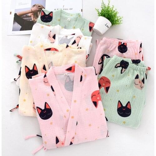 Japanese 100% crepe cotton kimono robes women pajamas sets kawaii sweet Cartoon orange women sleepwear bathrobes plus size