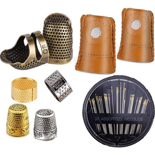 LMDZ 8 Pcs Sewing Thimble,30 Pcs Sewing Needles, Finger Protector Fingertip Thimble Adjustable Metal Bronze Sewing Thimble Rings
