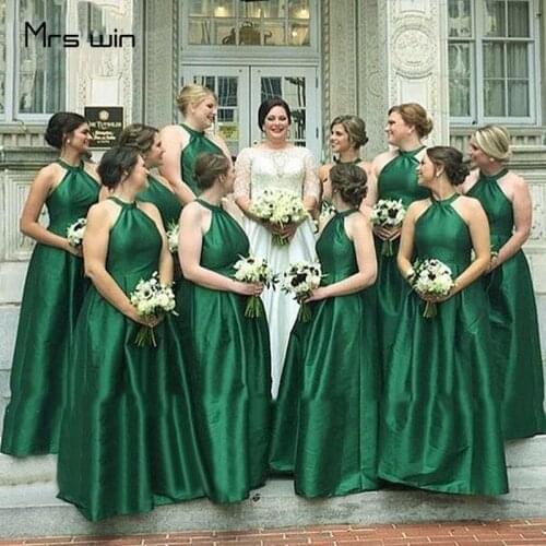 Mrs win Bridesmaid Dress For Girls Green Plus Size Halter Wedding Guest Dress HR213 For Women A Line Long Vestido Madrinha 2020