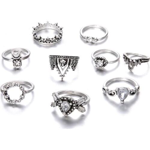 9 Pcs/Set Crystal Crown Rings Set for Women Joint Silver Color Rings Female Party Midi Finger Bohemian Wedding Gifts 2020 NEW