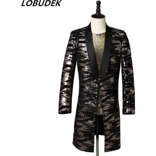 Gold Black Sequins Formal Suit Jacket Long Coat Male Singer Host Bar Night Concert Stage Performance Long Tuxedo Blazer Costume